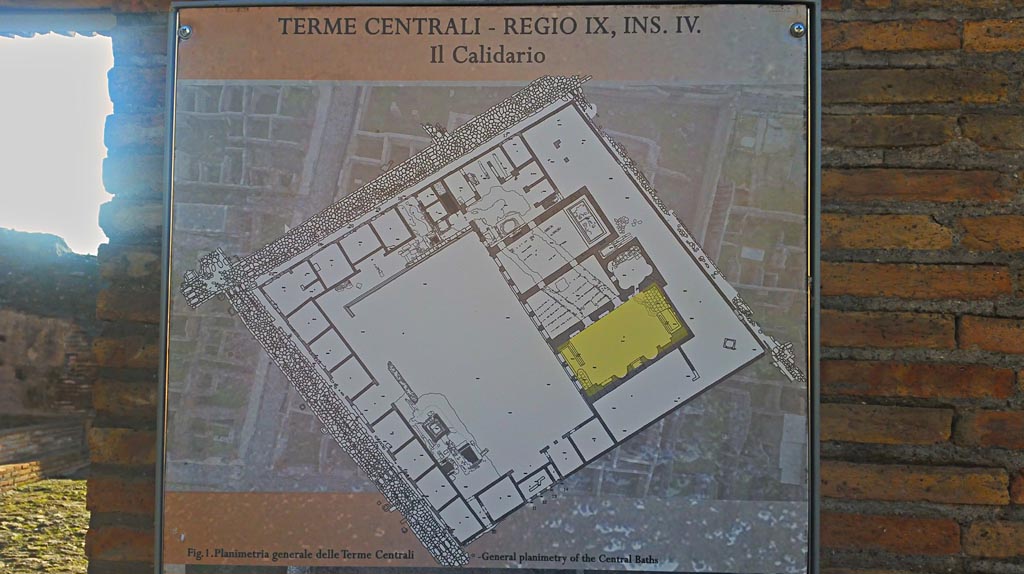 IX.4.18 Pompeii. December 2019. Descriptive plan showing Caldarium. Photo courtesy of Giuseppe Ciaramella.

