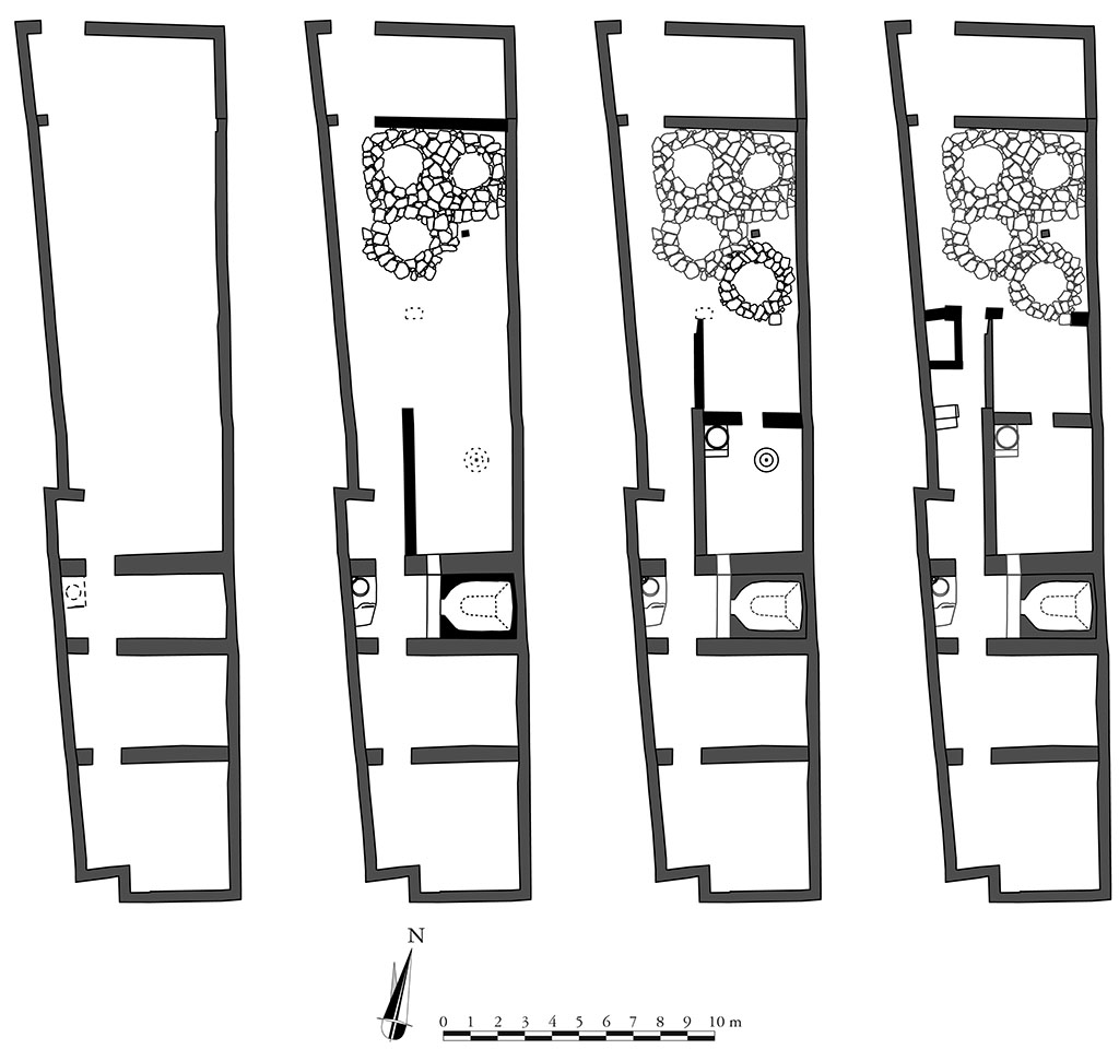 Fig. 10 � Pomp�i Pistrina. Boulangerie IX 5, 4. Chronologie relative des transformations survenues dans la boulangerie.
Relev� : N. Monteix, S. Aho ; DAO : N.M. ; �ch. 1/250.
