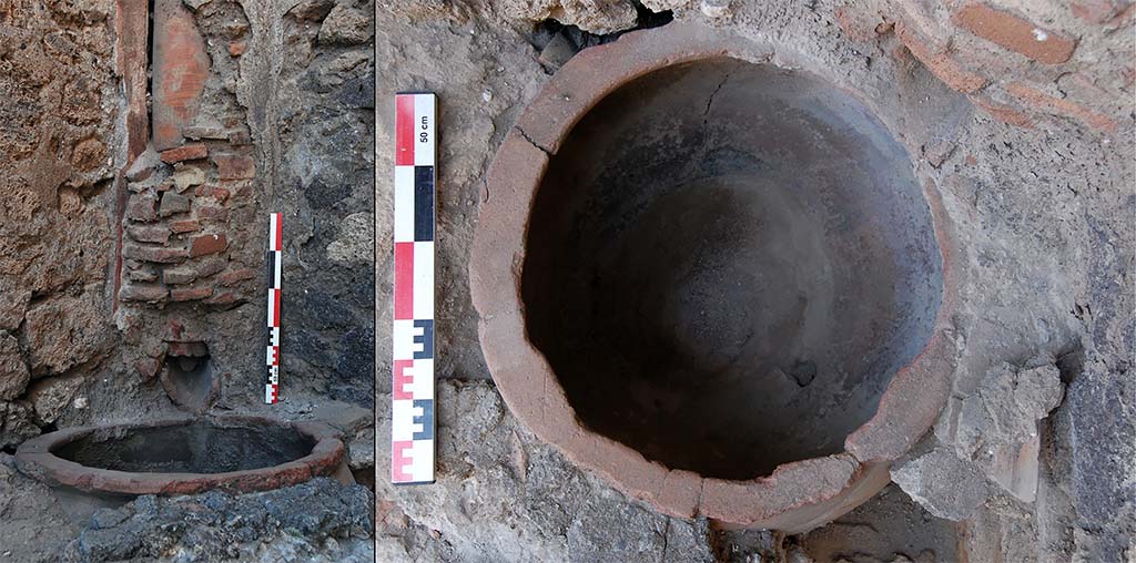 Fig. 11 � Pomp�i Pistrina. Boulangerie IX 5, 4. Syst�me d�alimentation hydraulique devant le four.
Une goutti�re verse dans un dolium dont le fond est perc�.
Clich� S. Aho / EFR.
