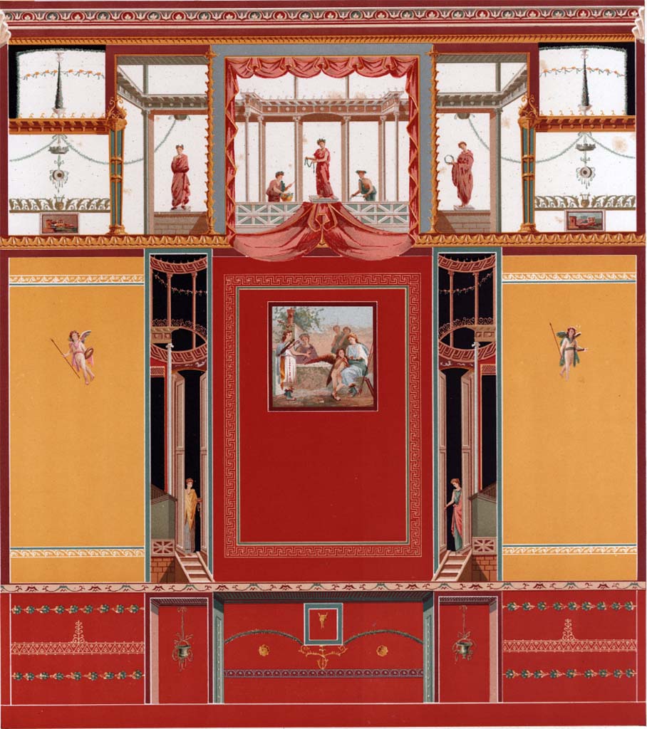 IX.5.6 Pompeii. Room 10, tablinum. 19th century painting of east wall.
According to Schefold, the wall painting in the centre of the east wall was Diana and Callisto. 
See Schefold, K., 1957. Die Wande Pompejis. Berlin: De Gruyter. (p. 254).
See D’Amelio P., 1886. Dipinti Murali di Pompei. Naples : Richter, pl. XIX.
