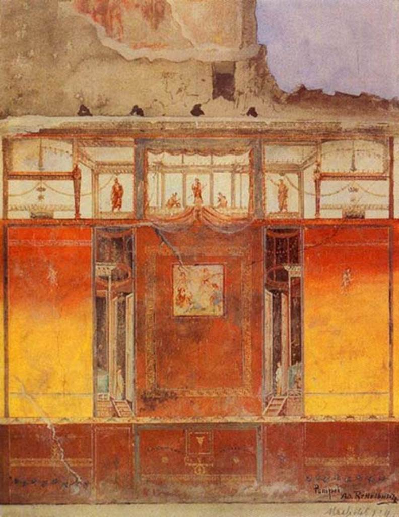IX.5.6 Pompeii. Room 10, tablinum, west wall with painting of Paris and Oinone in the centre. 1886 painting by Alfred Rettelbusch. Photo courtesy of © Kulturhistorisches Museum Magdeburg.