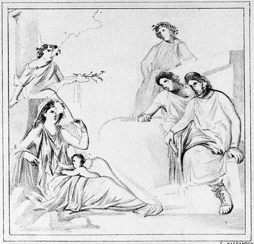 IX.5.6 Pompeii. Room i, tablinum, centre of the west wall. 
Copy by G. Discanno of wall painting of Paris and Oinone [Oenone]. 
DAIR 83.238. Photo � Deutsches Arch�ologisches Institut, Abteilung Rom, Arkiv.
See Schefold, K., 1957. Die Wande Pompejis. Berlin: De Gruyter. (p. 254)
According to Sogliano it showed Paris, mortally wounded by the arrow of Philoctetes, going back to his first wife Oinone.
He begged her to heal him using her herbal arts, but she refused.
See Sogliano, A., 1879. Le pitture murali campane scoverte negli anni 1867-79. Napoli: (p. 127, no.623)

