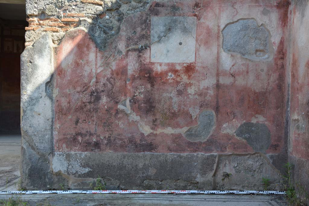 IX.5.6 Pompeii. May 2017. West ala d, detail of south wall.
Foto Christian Beck, ERC Grant 681269 D�COR.
According to PPM �
This wall was decorated with a similar scheme to the opposite wall (north wall), with a black zoccolo and red middle zone, with a painting in the central panel that was separated from the side semi-panels by twisted candelabra. In the yellow upper zone there were paintings with pygmies , now completely disappeared.
See Carratelli, G. P., 1990-2003. Pompei: Pitture e Mosaici. IX. (9). Roma: Istituto della enciclopedia italiana, p.417, no. 24).

