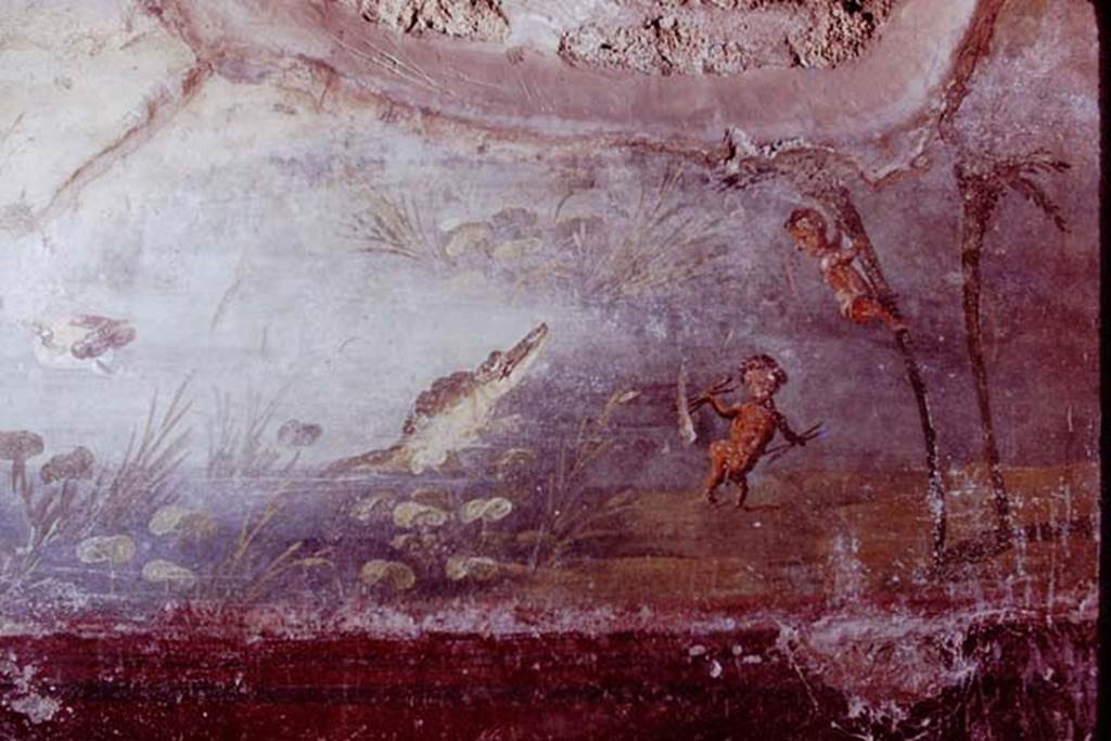 IX.5.9 Pompeii. 1974. Room 8, north wall at east end, showing a pygmy climbing a palm tree trying to escape the crocodile. Photo by Stanley A. Jashemski.
Source: The Wilhelmina and Stanley A. Jashemski archive in the University of Maryland Library, Special Collections (See collection page) and made available under the Creative Commons Attribution-Non Commercial License v.4. See Licence and use details. J74f0148