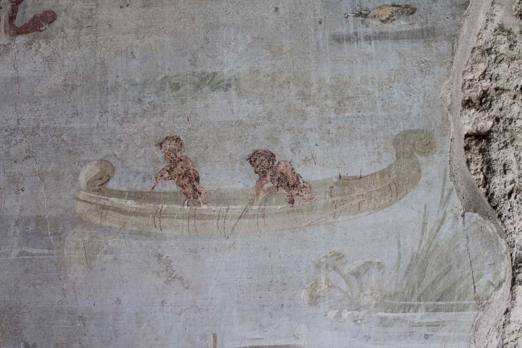 IX.5.9 Pompeii. May 2019. Room �l (L)�, two pygmies rowing a boat from upper north wall at west end. 
Foto Christian Beck, ERC Grant 681269 D�COR.
