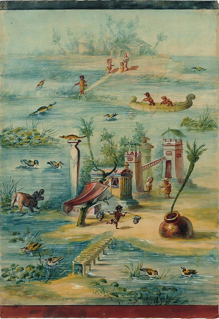 IX.5.9 Pompeii. Undated painting (between 1877-1888) of Nile landscape with Pigmies Fishing by unknown artist, showing room 8 north wall at west end.
DAIR 83.239. Photo � Deutsches Arch�ologisches Institut, Abteilung Rom, Arkiv.  
