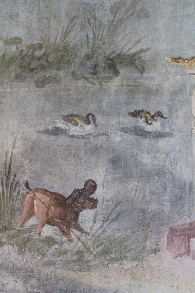 IX.5.9 Pompeii. May 2019. Room l (L), detail of hippopotamus and ducks in river on north wall.  
Foto Christian Beck, ERC Grant 681269 D�COR.

