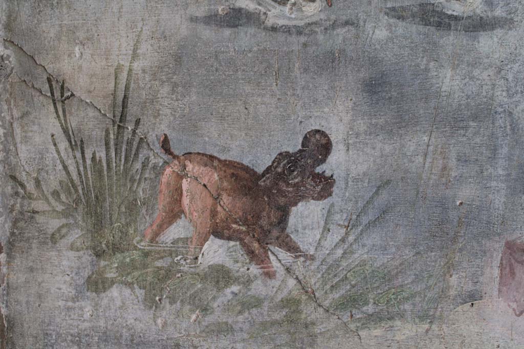 IX.5.9 Pompeii. May 2019. Room l (L), detail of hippopotamus from north wall at west end.  
Foto Christian Beck, ERC Grant 681269 D�COR.
