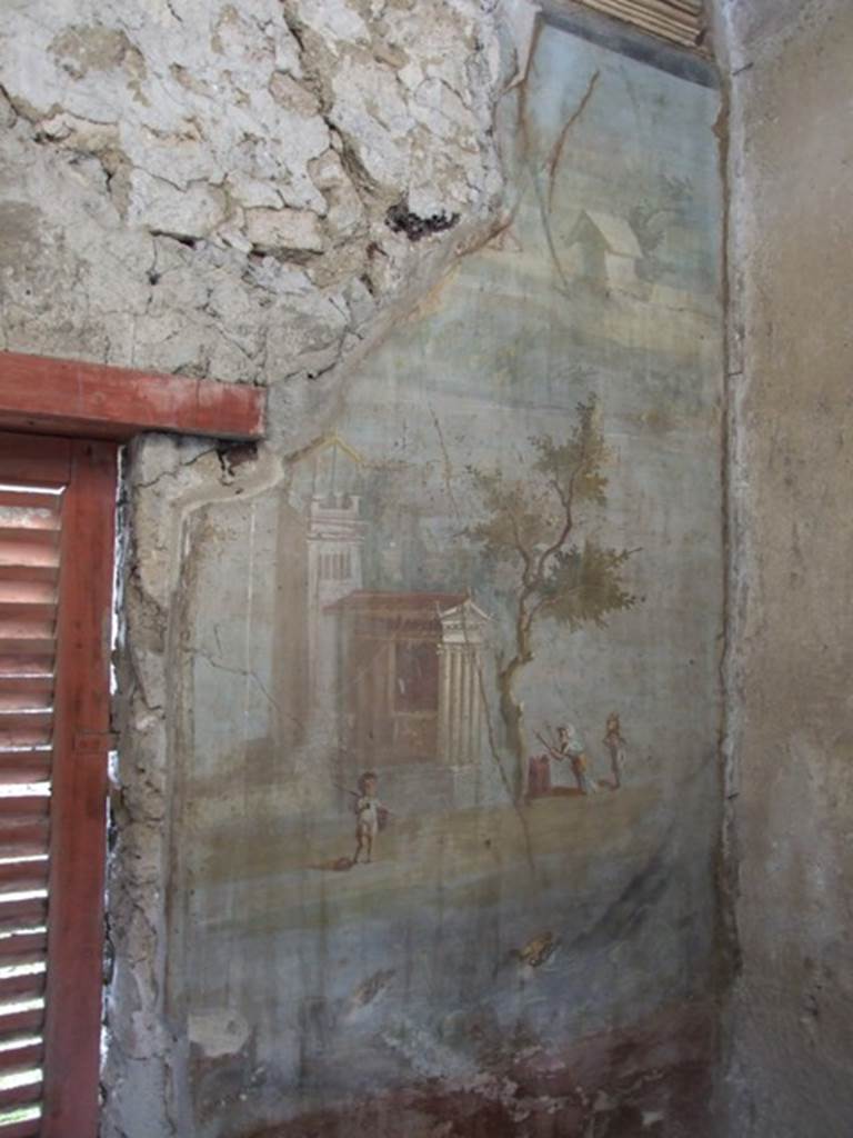 IX.5.9 Pompeii. December 2007. Room 8, wall painting of pygmies, tower and temple. See Schefold, K., 1962. Vergessenes Pompeji. Bern: Francke. (Fig. 146: South wall, room g)