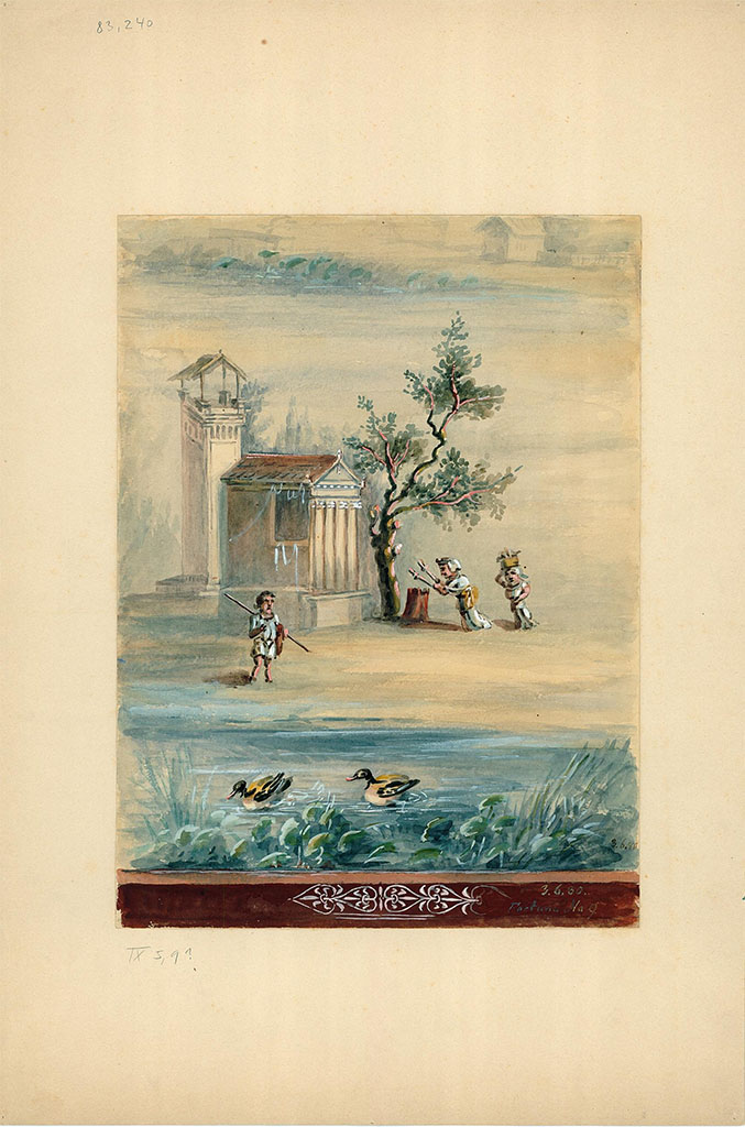 IX.5.9 Pompeii. 3rd June 1880. Room 8, painting by an unknown artist of wall decoration from south wall, west end.
It is described on the painting as “Fortuna No.9”.
DAIR 83.240. Photo © Deutsches Archäologisches Institut, Abteilung Rom, Arkiv.