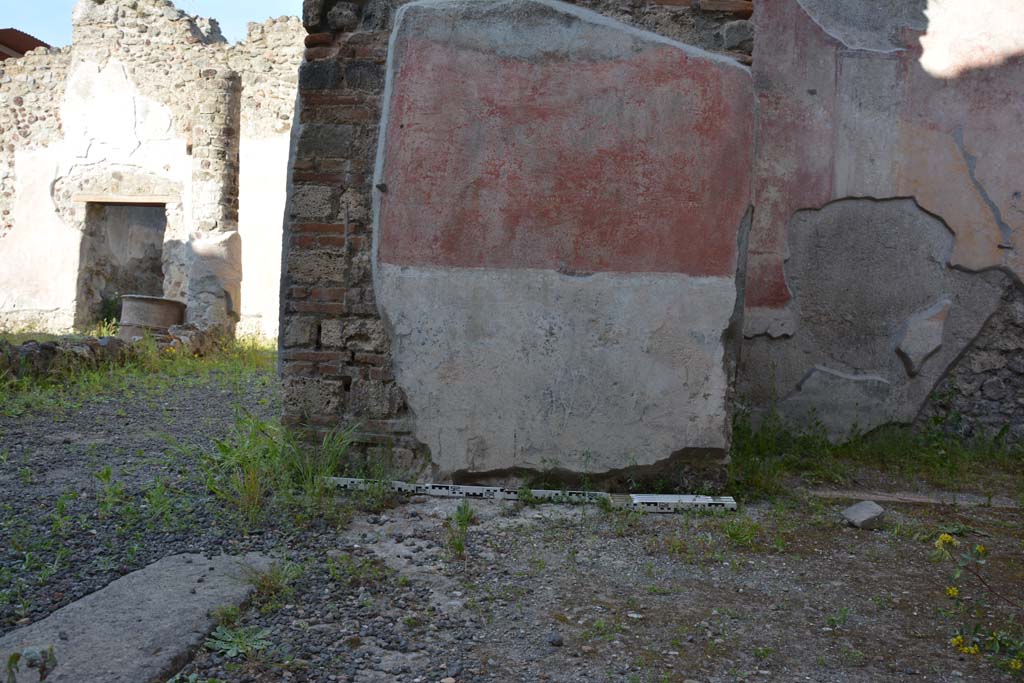 IX.5.9 Pompeii. May 2017. Room “p”, looking east to decoration on lower doorway pilaster.
Foto Christian Beck, ERC Grant 681269 DÉCOR.
IX.5.9 Pompeii. May 2017. Room “p”, looking east to decoration on lower doorway pilaster.
Foto Christian Beck, ERC Grant 681269 DÉCOR.
According to PPM,
this doorway pilaster was decorated with a black zoccolo decorated with painted plants and above this was painted red with a carpet border of semicircles.
See Carratelli, G. P., 1990-2003. Pompei: Pitture e Mosaici. IX (9). Roma: Istituto della enciclopedia italiana, (p.524).