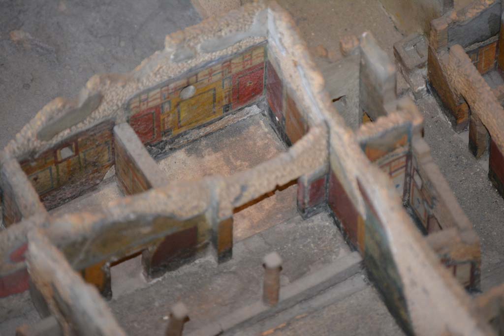 IX.5.9 Pompeii. July 2017. Detail of two rooms with decorated south walls on south side of peristyle garden.
On the right is a room from the rear of IX.5.6.
From cork model in Naples Archaeological Museum.
Foto Annette Haug, ERC Grant 681269 DÉCOR