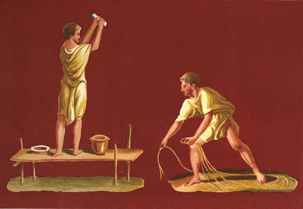 IX.5.9 Pompeii.  1878 copy of paintings from east wall of peristyle �i�.
On the left is a plasterer or stuccoer at work smoothing plaster (Sogliano 655).
On the right is a man with a net, possibly a fisherman? (Sogliano 656). 
See Presuhn E., 1878. Pompeji: Die Neuesten Ausgrabungen von 1874 bis 1878. Leipzig: Weigel. (VII, Plate V)
See Mau, A., 1907, translated by Kelsey F. W. Pompeii: Its Life and Art. New York: Macmillan. (p. 385).
See Sogliano, A., 1879. Le pitture murali campane scoverte negli anni 1867-79. Napoli: Giannini.  (p. 135-6, no. 655, 656).

