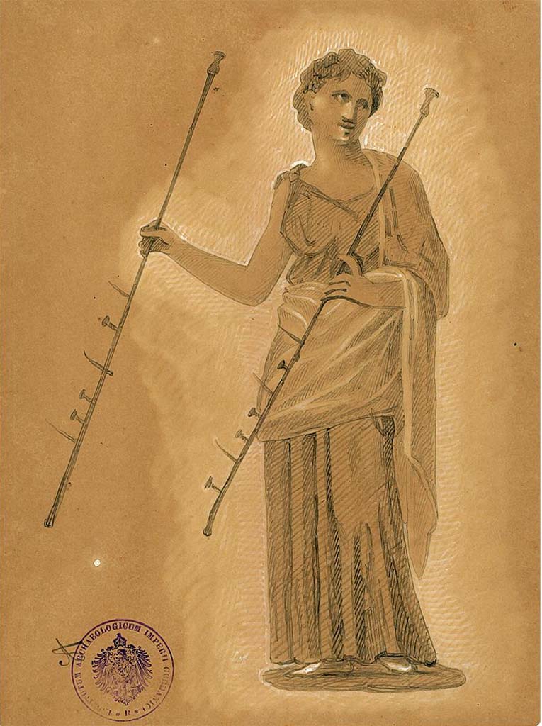 IX.5.11 Pompeii. Room 6, oecus, south wall.
Undated drawing (between 1877-1888) by A. Sikkard of Muse Euterpe with two long auloi. 
DAIR 83.249. Photo � Deutsches Arch�ologisches Institut, Abteilung Rom, Arkiv.
