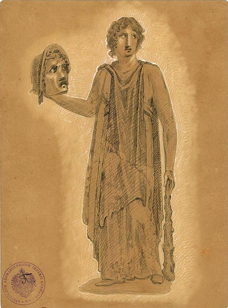 IX.5.11 Pompeii. Room 6, oecus, west wall.
Undated drawing (between 1877-1888) by A. Sikkard of Muse Melpomene with tragic mask and club.
DAIR 83.250. Photo � Deutsches Arch�ologisches Institut, Abteilung Rom, Arkiv.
