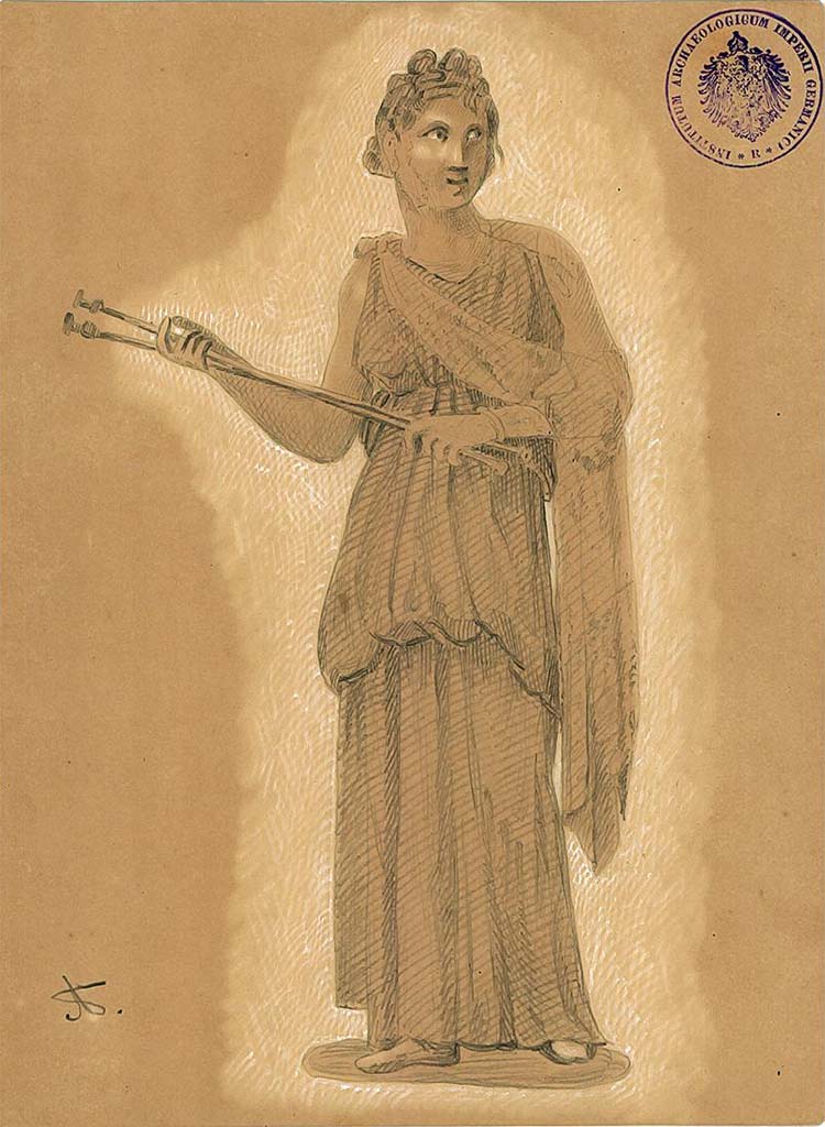 IX.5.11 Pompeii. Room 6, oecus, west wall. 
Undated drawing (between 1877-1888) by A. Sikkard of Muse Calliope holding a flute.
DAIR 83.252. Photo � Deutsches Arch�ologisches Institut, Abteilung Rom, Arkiv.
