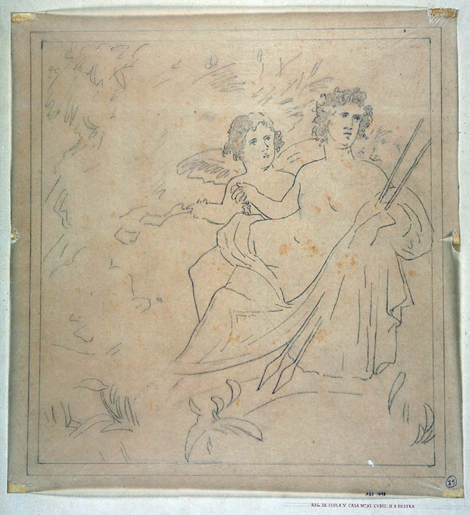 IX.5.11 Pompeii. Room 7, west wall of cubiculum. Drawing by Geremia Discanno, of painting of Adonis or Narcissus with cupid, now completely faded and disappeared.
Now in Naples Archaeological Museum. Inventory number ADS 1098.
Photo � ICCD. http://www.catalogo.beniculturali.it
Utilizzabili alle condizioni della licenza Attribuzione - Non commerciale - Condividi allo stesso modo 2.5 Italia (CC BY-NC-SA 2.5 IT)
