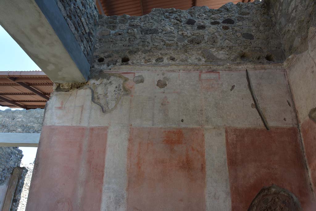 IX.5.11 Pompeii. May 2017. Room e, upper south wall. 
Foto Christian Beck, ERC Grant 681269 D�COR.
Above a simple black zoccolo with panels separated by compartments, the panels of the middle zone of the wall were delimited by architectural views on a white background, containing medallions with couples: in the white upper area was a masculine figure with palm in his left hand and a crown in the right hand.

