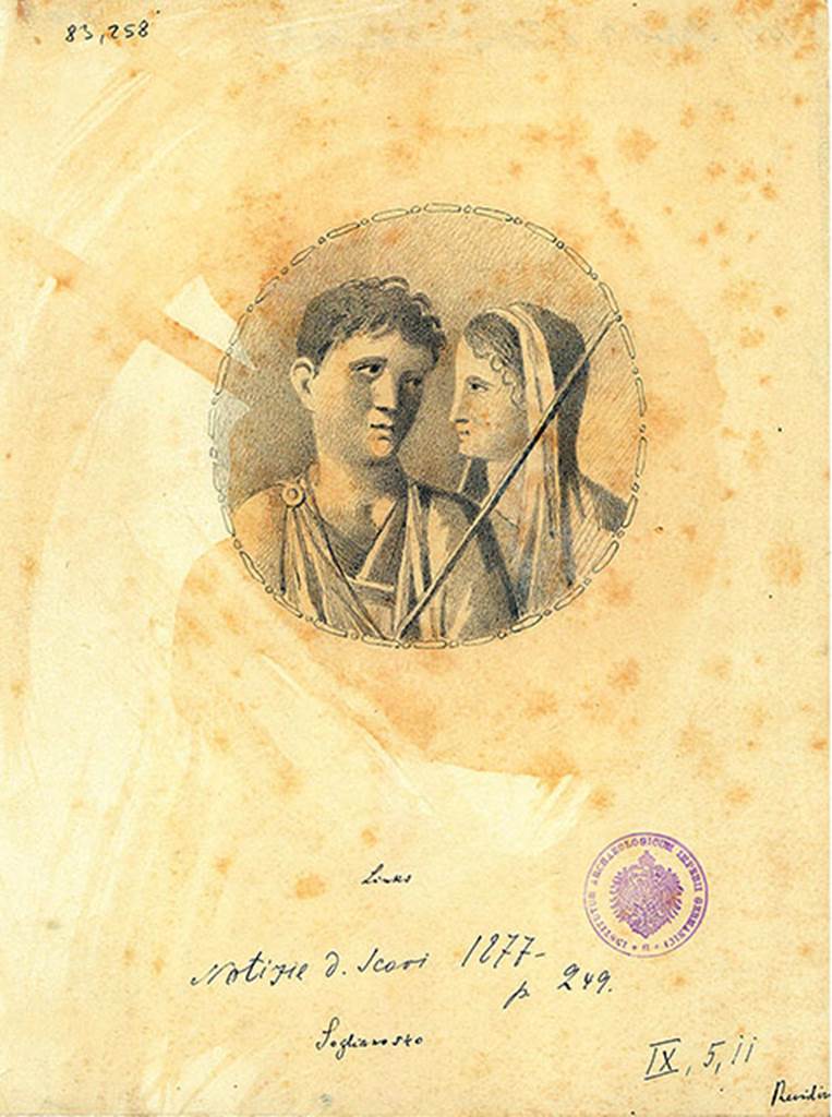 IX.5.11 Pompeii. Room 8, south wall. 
Drawing by Discanno of the couple in the medallion from the east side panel of the south wall.
DAIR 83.258. Photo � Deutsches Arch�ologisches Institut, Abteilung Rom, Arkiv. 
See http://arachne.uni-koeln.de/item/marbilder/5343158
