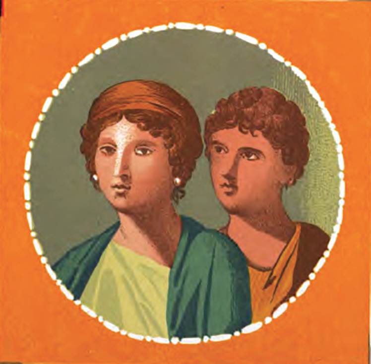 IX.5.11 Pompeii. 1878. Room 8, ala south wall, painting of portrait medallion of two lovers.
Presuhn makes the comment that in this picture the woman has a head cover whereas in the original there were two narrow circlets of gold in the hair.
See Presuhn E., 1878. Pompeji: Die Neuesten Ausgrabungen  von 1874 bis 1878. Leipzig: Weigel. (VII, Plate III).
See Schefold, K., 1957. Die W�nde Pompejis. Berlin: De Gruyter. (p. 259)
