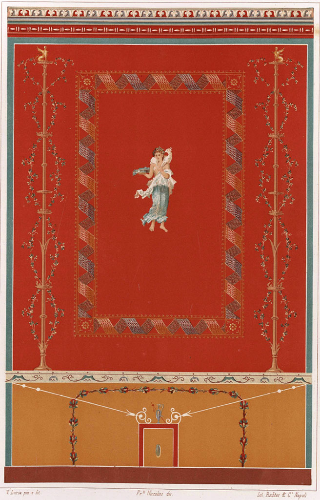 IX.5.11 Pompeii. pre 1876. 
Painting by V. Loria published by Niccolini but no provenance given, possibly from the pilaster on west side of atrium, between room f and room e.
See Niccolini, F. Le case ed i monumenti 4, 1896, Supplemento tav. XX.
See Eristov, H. (1993). Atrium, Tablinum, Ala, enquête sur quelques décor Pompéiens disparus. (p.191-192) (In Functional and spatial analysis of Wall Painting: Proceedings of the Fifth International Congress on Ancient Wall Paintings, ed . by Eric M. Moorman). 
