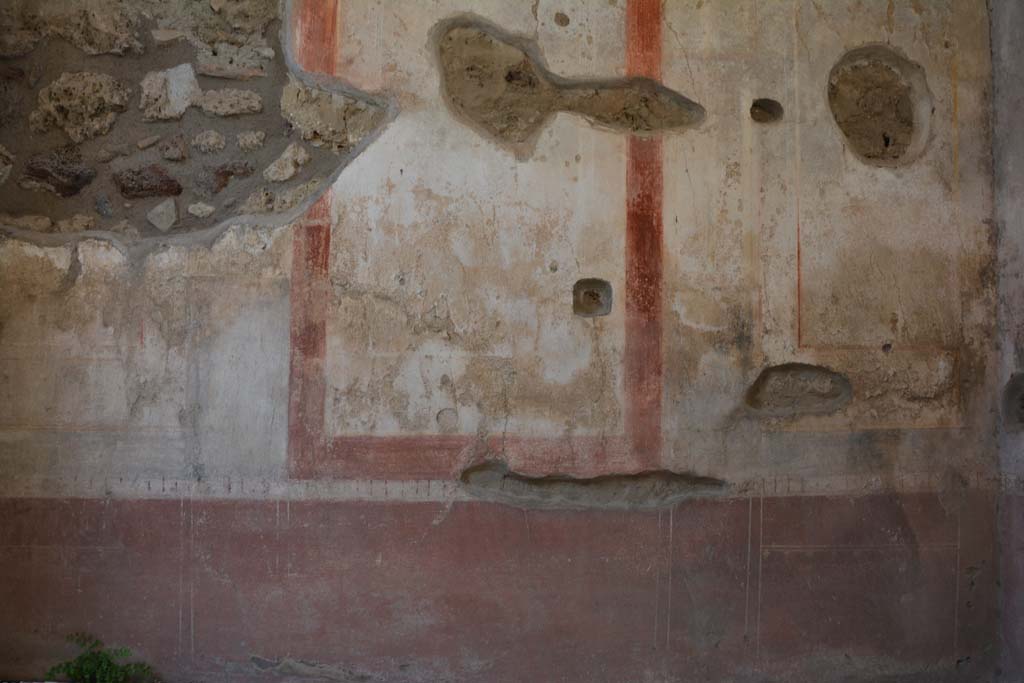 IX.5.11 Pompeii. May 2017. Room g, middle zone and zoccolo on north wall.
Foto Christian Beck, ERC Grant 681269 D�COR.
According to PPM �
The north wall was decorated in the IV Style: the panels of the red zoccolo were separated by narrow compartment with painted plants: in the white panels of the middle zone were vignettes with cupids: the upper zone of the wall was white with a stucco cornice.
See Carratelli, G. P., 1990-2003. Pompei: Pitture e Mosaici. IX. (9). Roma: Istituto della enciclopedia italiana, (p.556).

