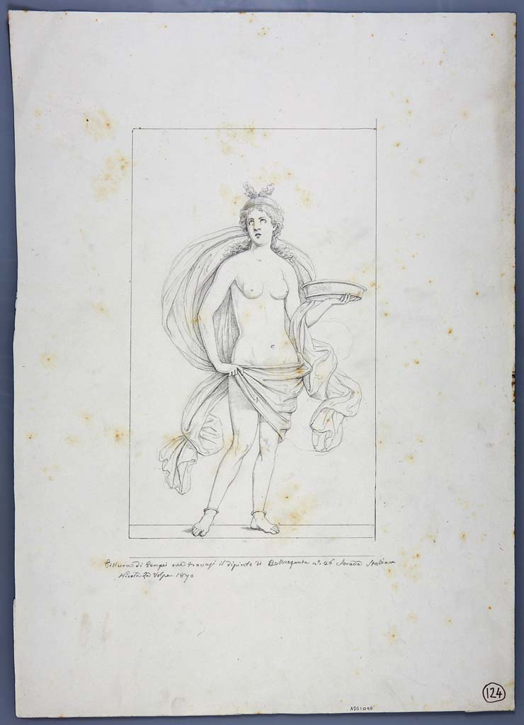 IX.5.11 Pompeii. Room 3, east wall. Drawing by Nicola La Volpe, 1870, of painting of female figure holding a tray in the left hand. 
Now in Naples Archaeological Museum. Inventory number ADS 1096.
Photo � ICCD. http://www.catalogo.beniculturali.it
Utilizzabili alle condizioni della licenza Attribuzione - Non commerciale - Condividi allo stesso modo 2.5 Italia (CC BY-NC-SA 2.5 IT)
