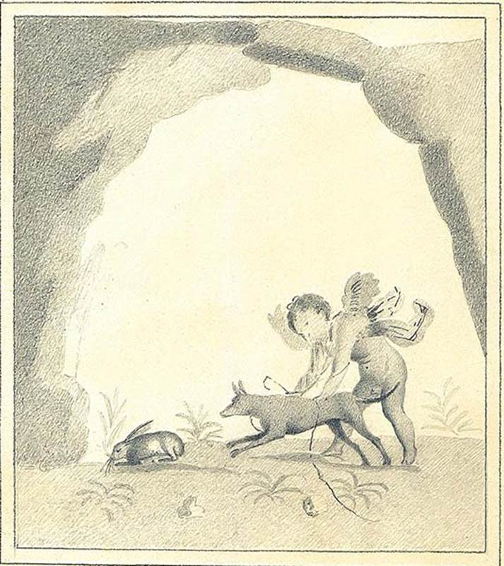 IX.5.11 Pompeii. Room 4, east wall of triclinium. Copy by Discanno of painting of cupid hunting a rabbit.
According to Bragantini, this was found at the south end of the east wall.
DAIR 83.245. Photo � Deutsches Arch�ologisches Institut, Abteilung Rom, Arkiv.  
See http://arachne.uni-koeln.de/item/marbilder/5343145 
See Bragantini, de Vos, Badoni, 1986. Pitture e Pavimenti di Pompei, Parte 3. Rome: ICCD. (p.476)
