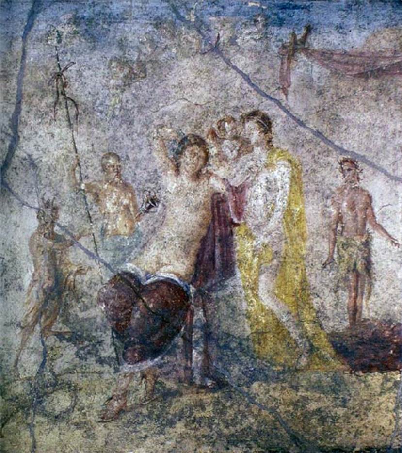 IX.5.14 Pompeii. Room �f�, centre of east wall of triclinium. Painting of Dionysus and Ariadne.
Now in Naples Archaeological Museum. Inventory number 111481. 
Kuivalainen comments: This composition may be an alternative artistic interpretation of Bacchus and Ariadne after having reached an understanding. The cupid is indeed sometimes depicted with Ariadne, not only with Venus. Ariadne�s yellow robe can refer to her bridal status.
See Kuivalainen, I., 2021. The Portrayal of Pompeian Bacchus. Commentationes Humanarum Litterarum 140. Helsinki: Finnish Society of Sciences and Letters, (p.132, D12).
