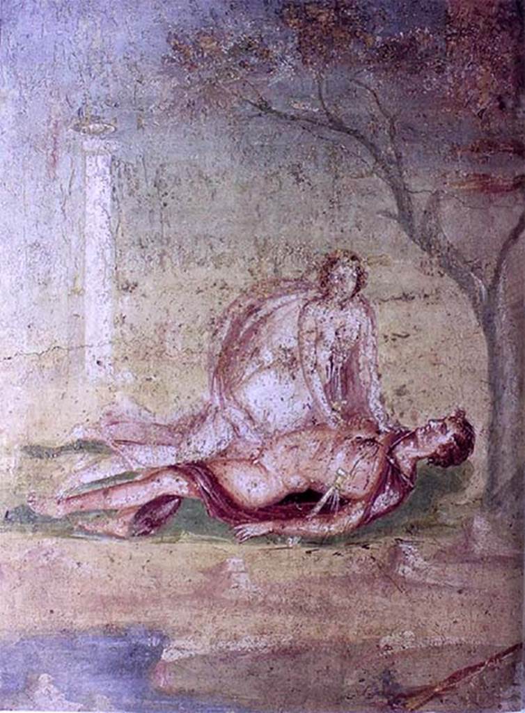 IX.5.14 Pompeii. Room �f�, centre of south wall of triclinium. Painting of Pyramus and Thisbe.
Now in Naples Archaeological Museum. Inventory number 111483.
