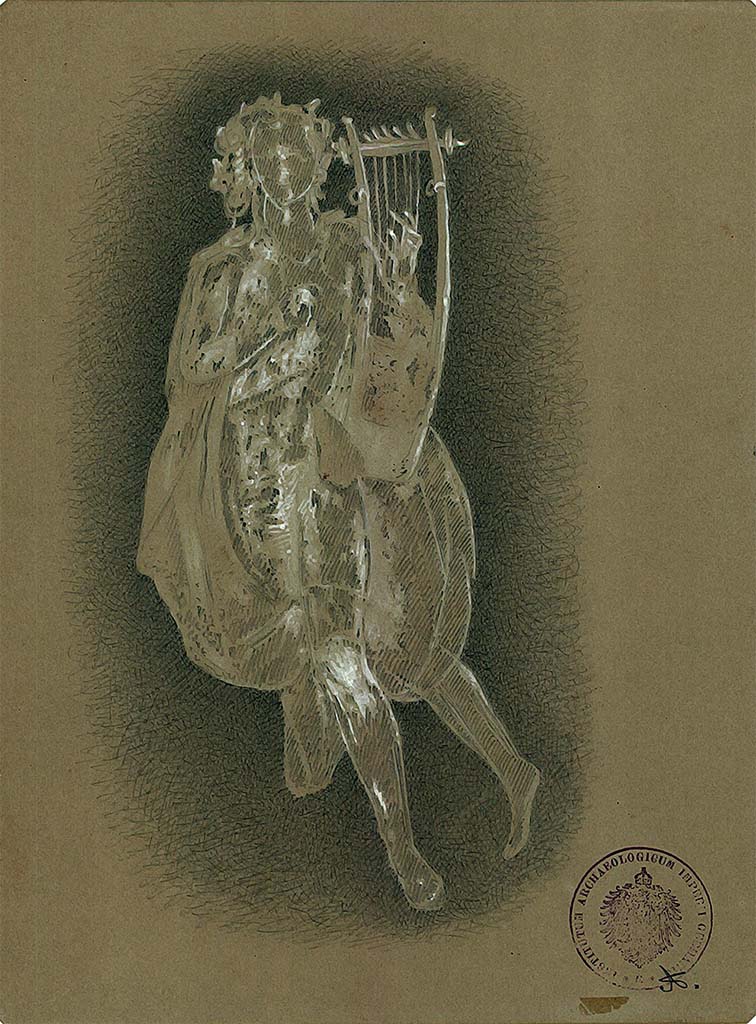 IX.5.14 Pompeii. 1879. Room �f�, triclinium. Painting by August Sikkard of Apollo with a cithara, from side panel. 
DAIR 83.263. Photo � Deutsches Arch�ologisches Institut, Abteilung Rom, Arkiv.