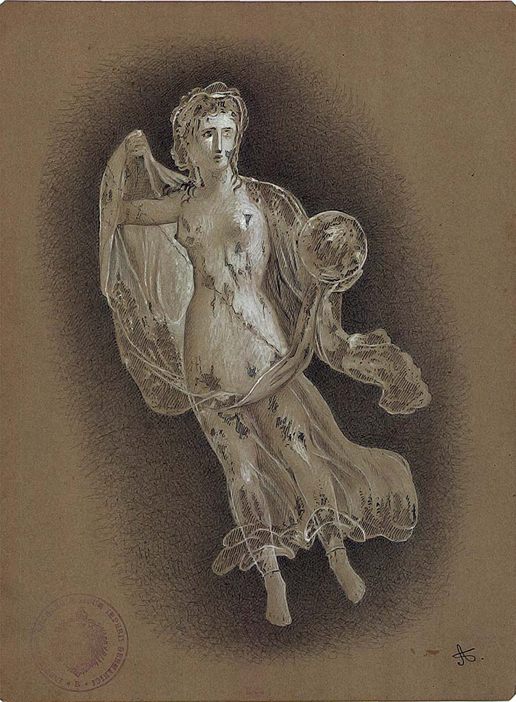 IX.5.14 Pompeii. 1879. Room �f�, triclinium. Painting by A. Sikkard of Urania with globe, from side panel. 
DAIR 83.266. Photo � Deutsches Arch�ologisches Institut, Abteilung Rom, Arkiv.
