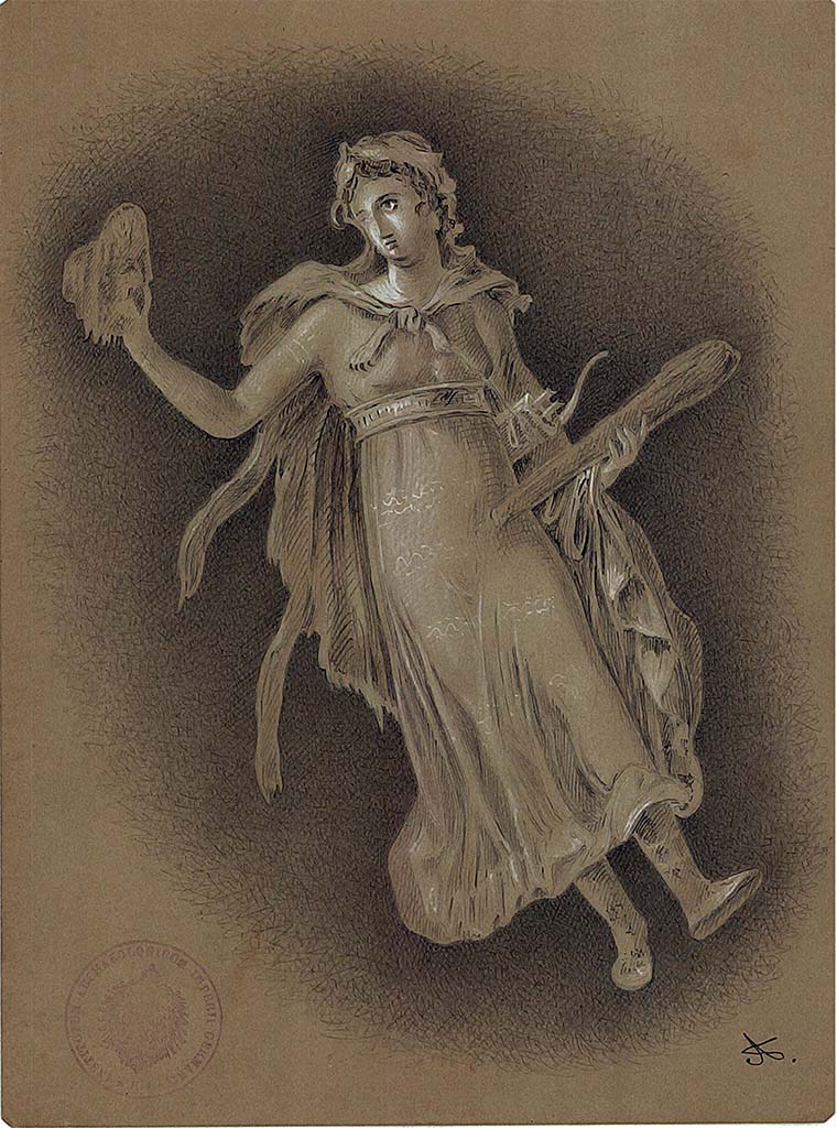 IX.5.14 Pompeii. 1879. Room �f�, triclinium. 
Painting by August Sikkard of Melpomene with tragic mask, lion�s skin and club, from side panel. 
DAIR 83.267. Photo � Deutsches Arch�ologisches Institut, Abteilung Rom, Arkiv.
