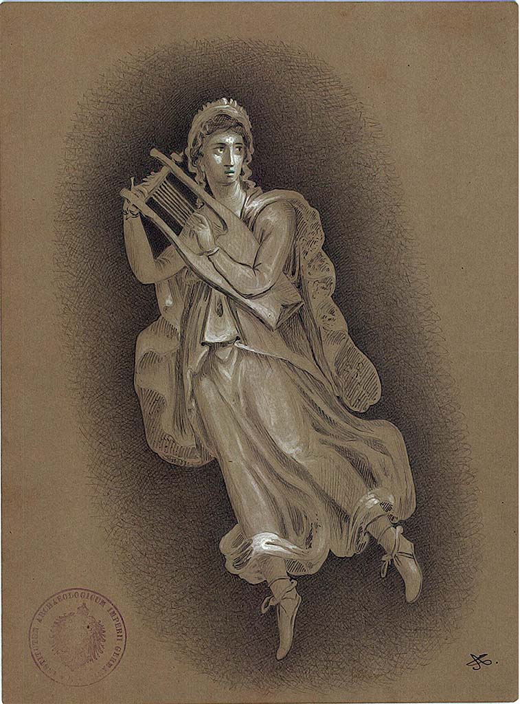 IX.5.14 Pompeii. 1879. Room �f�, triclinium. Painting by A. Sikkard of Terpsichore with lyre, from side panel. 
DAIR 83.268. Photo � Deutsches Arch�ologisches Institut, Abteilung Rom, Arkiv.
