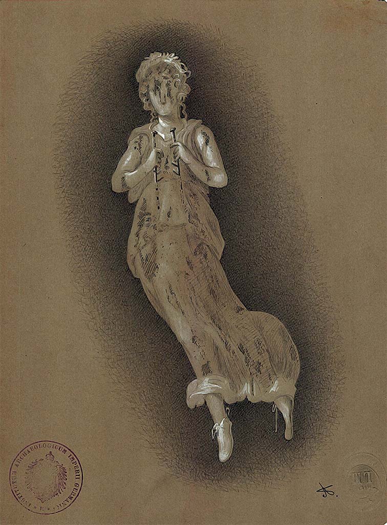 IX.5.14 Pompeii. 1879. Room �f�, triclinium. Painting by A. Sikkard of Euterpe with a flute, from side panel. 
DAIR 83.269. Photo � Deutsches Arch�ologisches Institut, Abteilung Rom, Arkiv.
