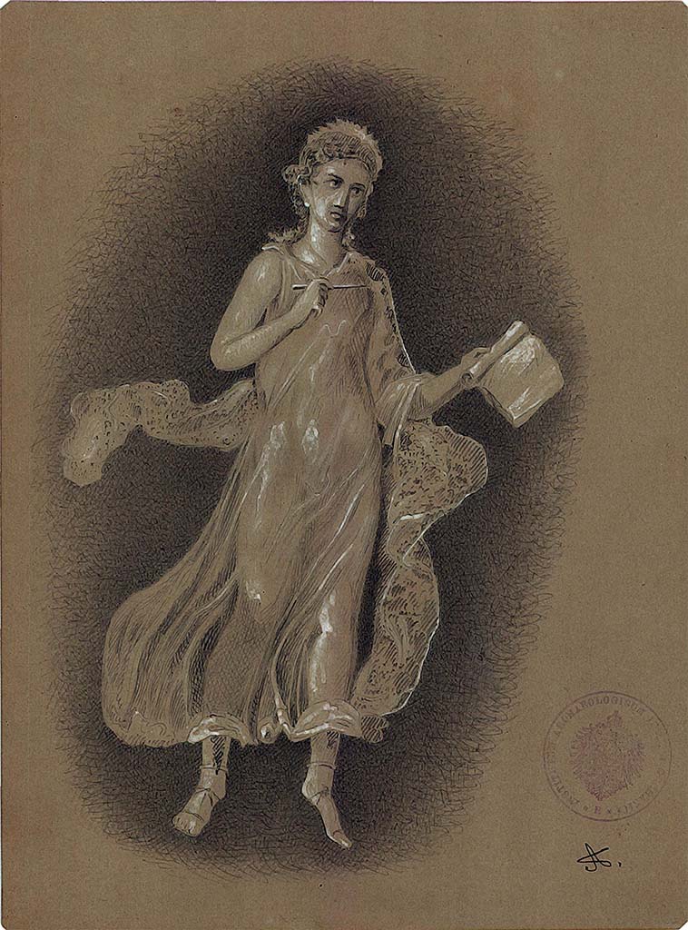 IX.5.14 Pompeii. Room �f�, triclinium. 1879 copy by A. Sikkard of painting of the muse Clio with pen and scroll.
In the painted original, the scroll of this Muse was inscribed �Melpomene ex Musis una�.
This led to it being identified by Sogliano as �once again Melpomene�, making it the second of that muse in the same room.
Horst Blanck, in Italienische Reise, identified it as Clio, commenting that the inscription was �a sign that the ancients too had difficulty with the identification of individual muses�. 
See Catalogue, 1989. Italienische Reise: Pompejanische Bilder in den deutschen arch�ologischen Sammlungen. Napoli: Bibliopolis, p. 336, p. 347 no. 116.
DAIR 83.270. Photo � Deutsches Arch�ologisches Institut, Abteilung Rom, Arkiv.
