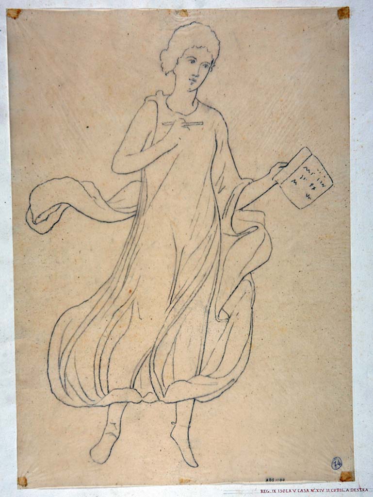 IX.5.14 Pompeii. Room �f�, triclinium. Drawing by Geremia Discanno of Muse Clio (or Melpomene), all traces of IV style decoration from the triclinium have faded.
Now in Naples Archaeological Museum. Inventory number ADS 1100.
Photo � ICCD. http://www.catalogo.beniculturali.it
Utilizzabili alle condizioni della licenza Attribuzione - Non commerciale - Condividi allo stesso modo 2.5 Italia (CC BY-NC-SA 2.5 IT)
