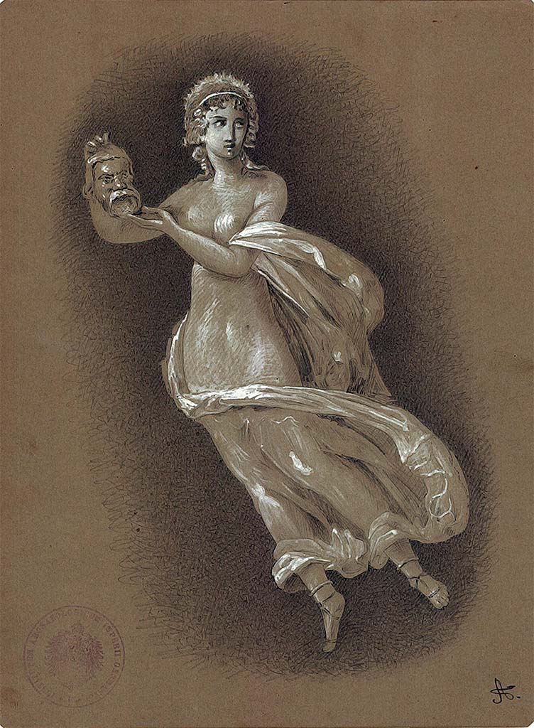 IX.5.14 Pompeii. 1879. Room �f�, triclinium. Painting by A. Sikkard of the muse Thalia with a comic mask, from a side panel.
DAIR 83.271. Photo � Deutsches Arch�ologisches Institut, Abteilung Rom, Arkiv.
