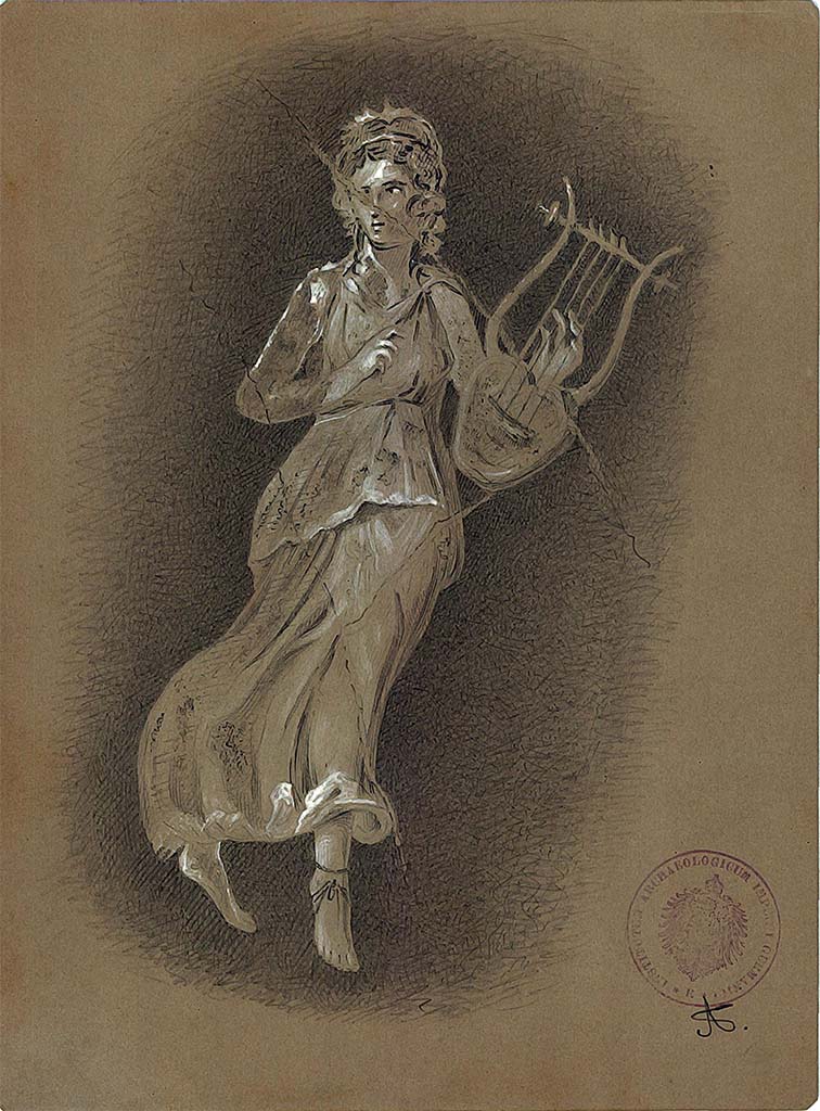 IX.5.14 Pompeii. 1879. Room �f�, triclinium. 
Painting by A. Sikkard of Muse Calliope with a cithara, or else Erato (which was described as missing), from a side panel.
DAIR 83.265. Photo � Deutsches Arch�ologisches Institut, Abteilung Rom, Arkiv.
