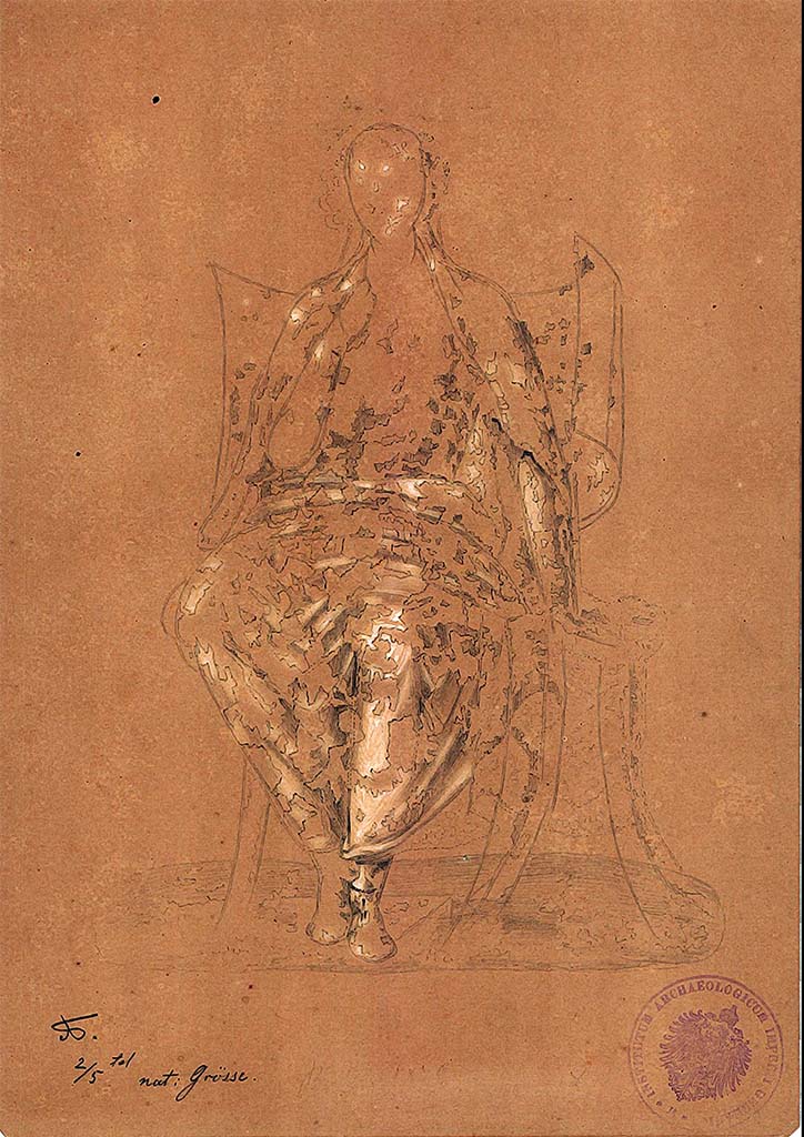 IX.5.14 Pompeii. 1879. Room �f�, triclinium. Painting by A. Sikkard of seated character on a throne. 
DAIR 83.264. Photo � Deutsches Arch�ologisches Institut, Abteilung Rom, Arkiv.
