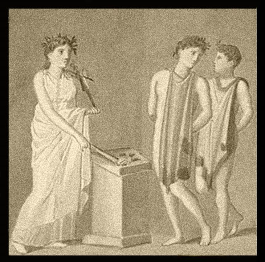 IX.5.14 Pompeii. Room �e�, centre of west wall of ala. Copy of painting of Iphigenia, Orestes and Pylades.