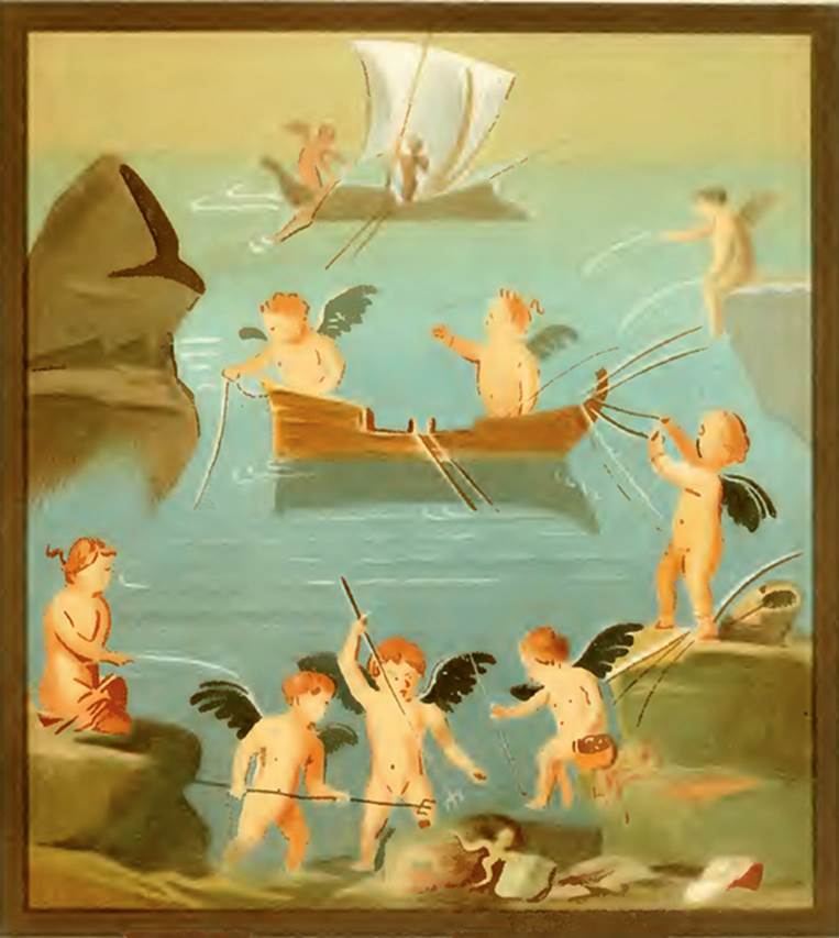 IX.5.14 Pompeii. 1881. Room �c�, copy of wall painting of Venus with fishing cupids. Found on north wall of cubiculum on north side of entrance corridor.
See Presuhn E., 1882. Pompeji: Die Neuesten Ausgrabungen  von 1874 bis 1881. Leipzig: Weigel. (VIII, Plate VI).
