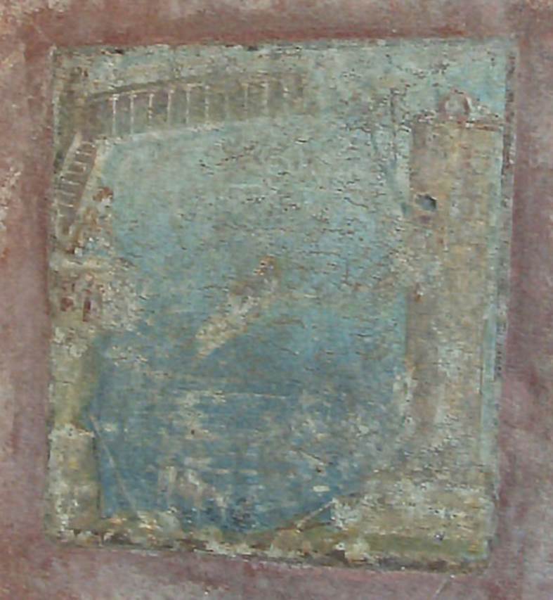 IX.5.14 Pompeii. May 2005. Room �c�, south wall of cubiculum on north side of entrance corridor. Fresco of Hero and Leander.
