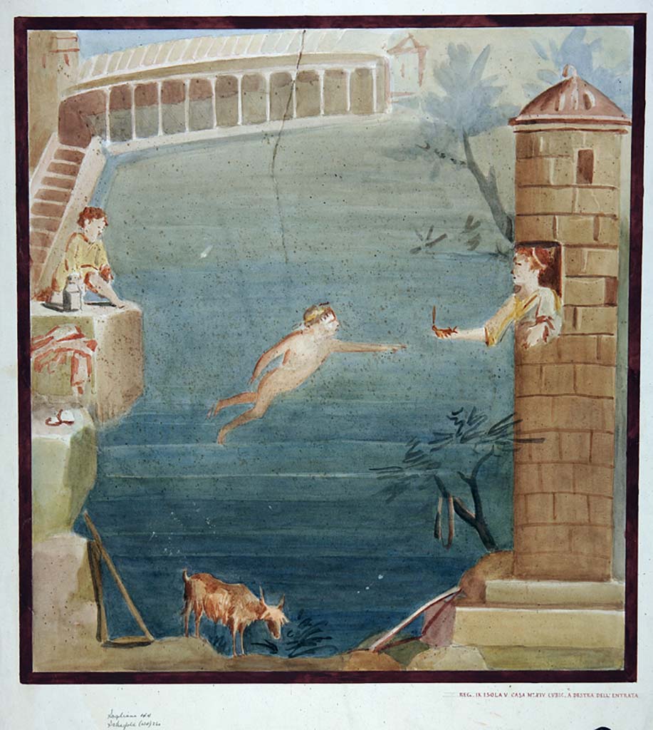 IX.5.14 Pompeii. Room �c�, south wall of cubiculum. Painting by Geremia Discanno, of fresco of Hero and Leander.
Now in Naples Archaeological Museum. Inventory number ADS 1099.
Photo � ICCD. http://www.catalogo.beniculturali.it
Utilizzabili alle condizioni della licenza Attribuzione - Non commerciale - Condividi allo stesso modo 2.5 Italia (CC BY-NC-SA 2.5 IT)
