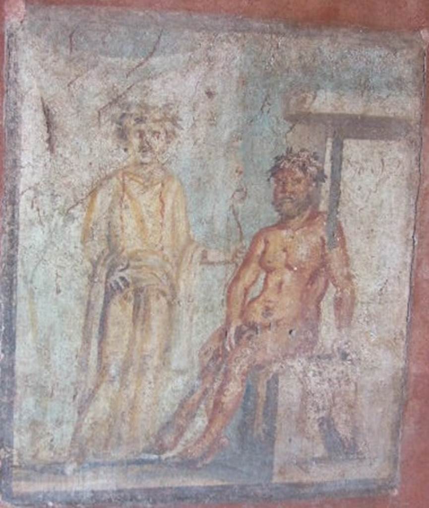 IX.5.14 Pompeii. May 2005. Cubiculum �g�, on south side of entrance doorway.
Wall painting of Hercules and Omphale, found on north wall.
See Bragantini, de Vos, Badoni, 1986. Pitture e Pavimenti di Pompei, Parte 3. Rome: ICCD. (p.483)

