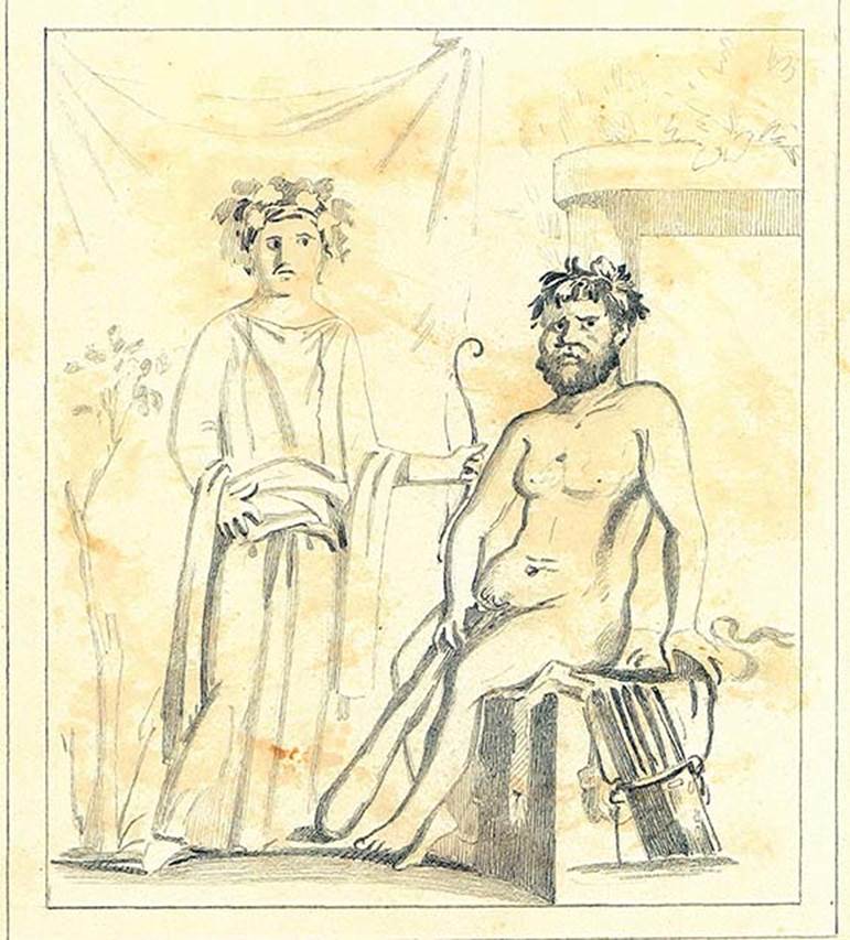 IX.5.14 Pompeii. Drawing by Discanno of wall painting of Hercules and Omphale, on north wall of cubiculum �g�.
DAIR 83.261. Photo � Deutsches Arch�ologisches Institut, Abteilung Rom, Arkiv.

