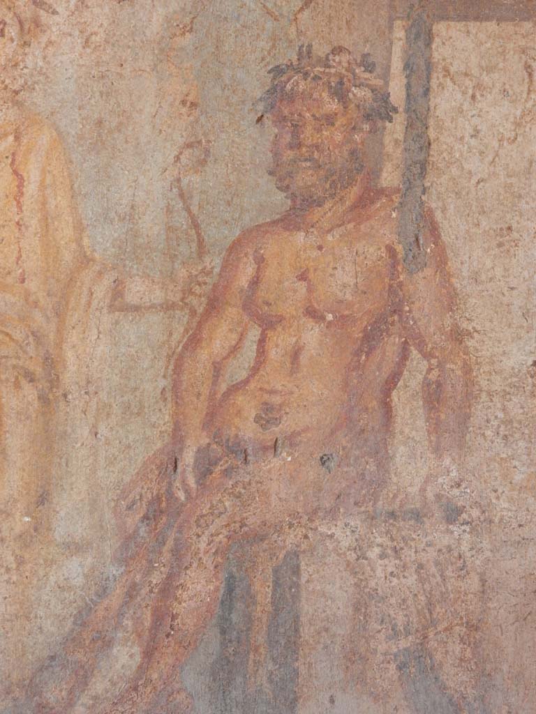 IX.5.14 Pompeii. June 2019. Cubiculum �g�, on south side of entrance doorway.
Detail of Hercules, from wall painting of Hercules and Omphale, 
found in centre of north wall. Photo courtesy of Buzz Ferebee.
