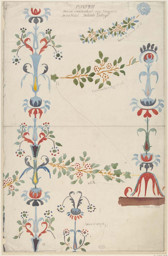 IX.5.16 Pompeii. c.1879. Painting by Sydney Vacher of House excavated 1879 thought to be a Hotel, showing detail of wall painting.
Photo � Victoria and Albert Museum, inventory number E.4387-1910.
