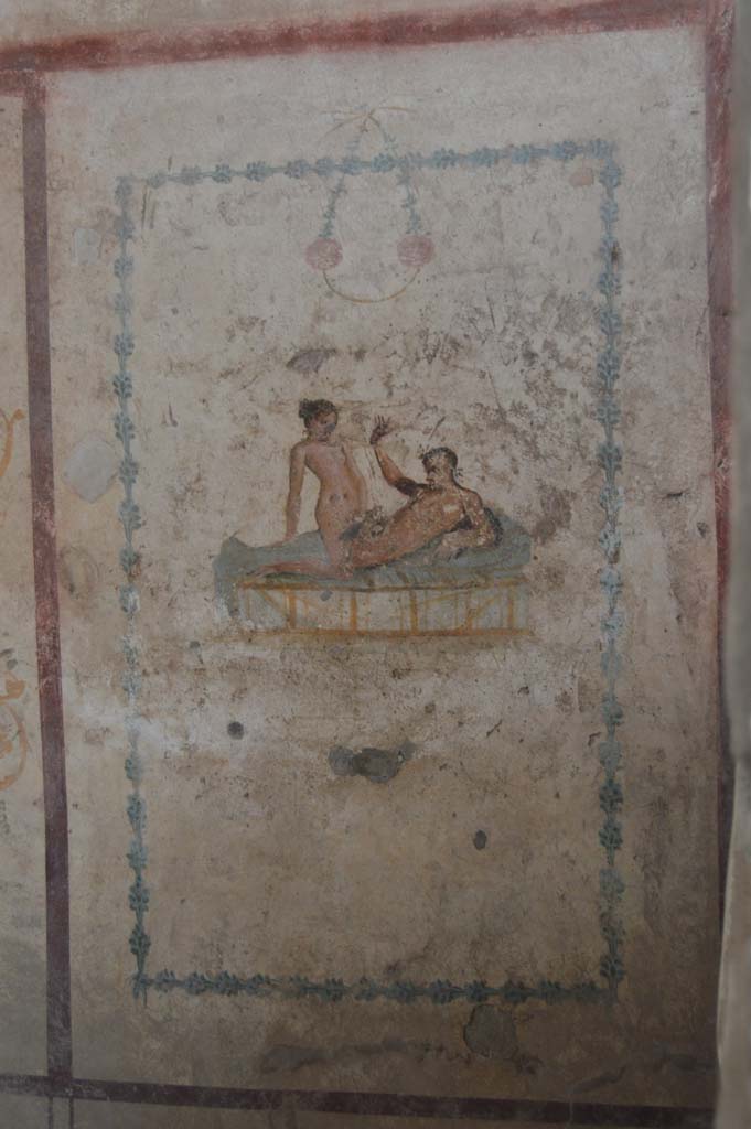 IX.5.16 Pompeii. June 2019.
Cubiculum f’, detail of wall painting at east end of north wall.
Foto Taylor Lauritsen, ERC Grant 681269 DÉCOR.