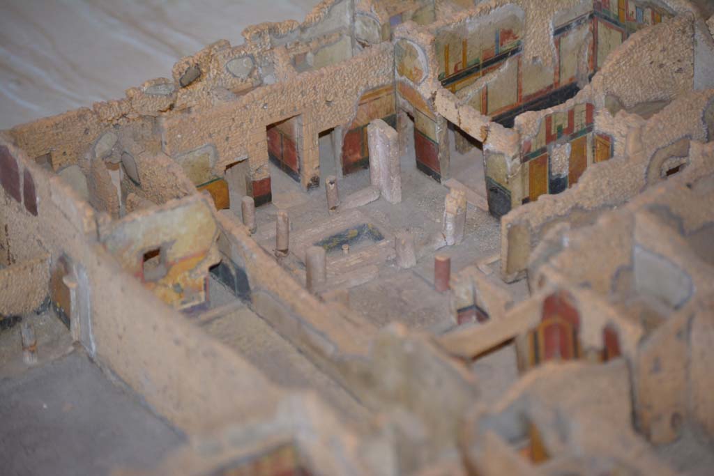 IX.5.17, centre left, and IX.5.18 Pompeii. July 2017. Looking south-west across insula.
From cork model in Naples Archaeological Museum.
Foto Annette Haug, ERC Grant 681269 DÉCOR.
